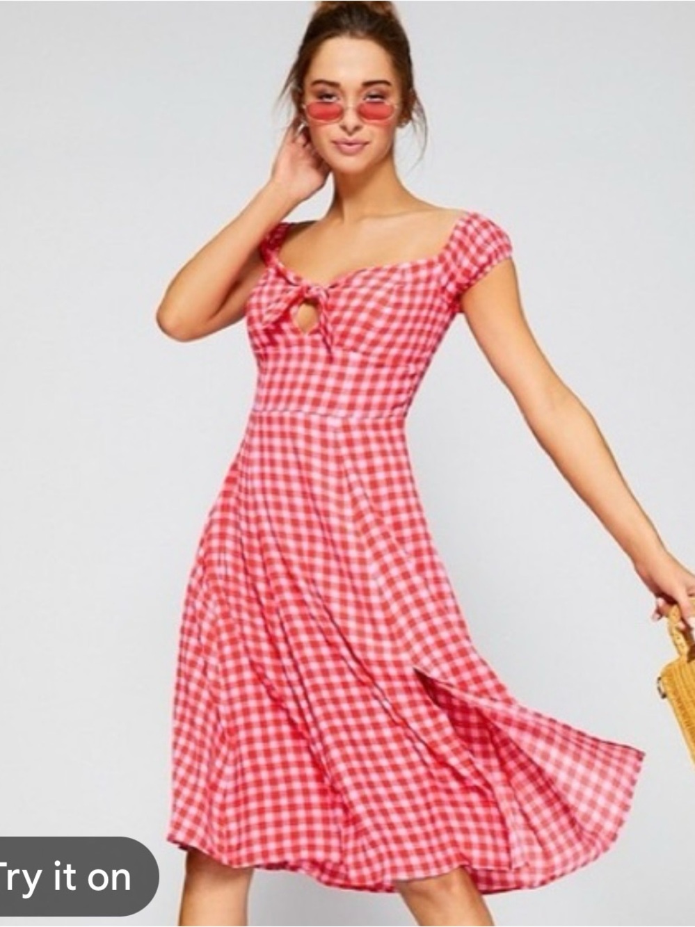 Red Gingham Tie-Front Fit & Flare Dress - Picture 2 of 6